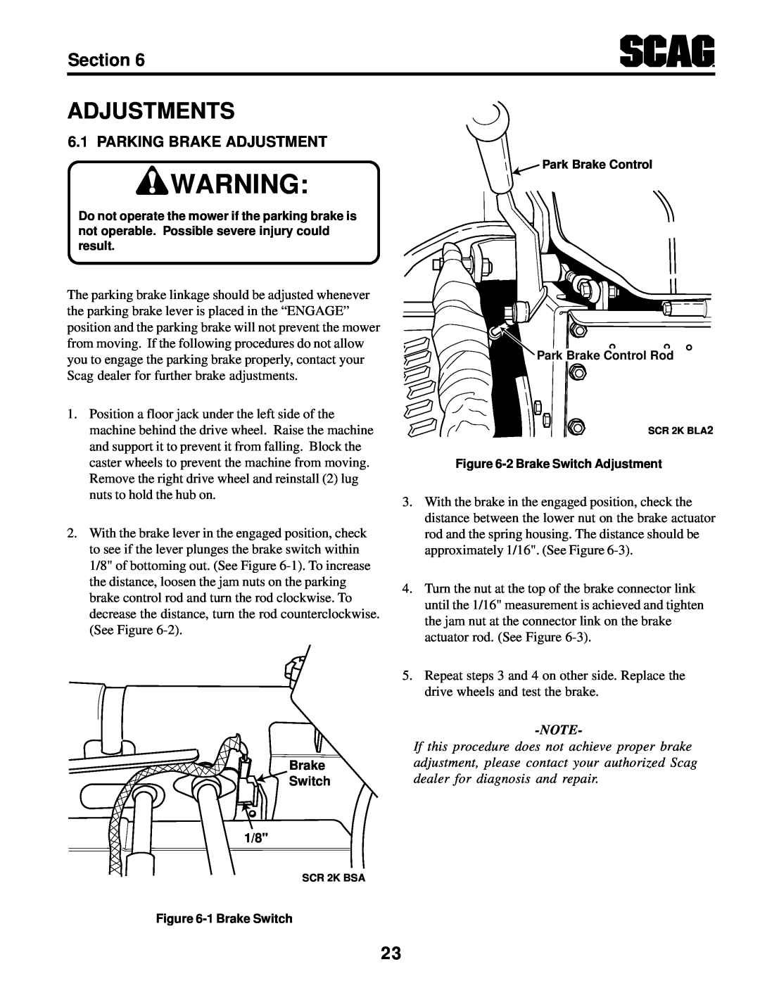 MB QUART SCR manual Adjustments, Parking Brake Adjustment, Section 