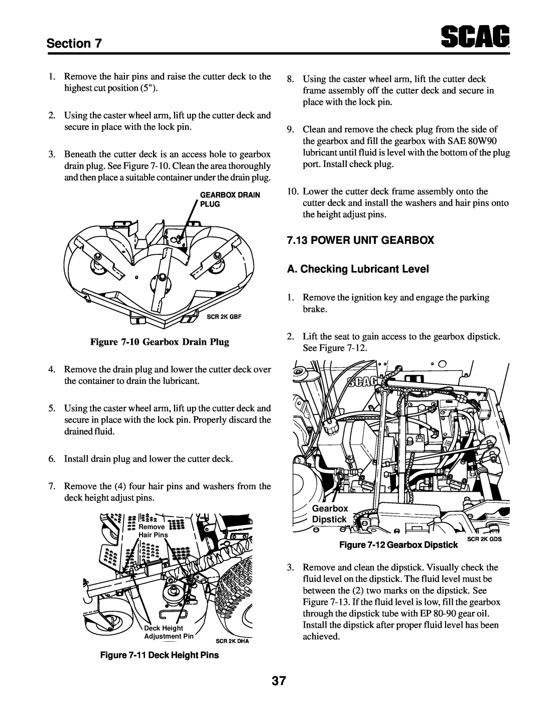MB QUART SCR manual POWER UNIT GEARBOX A. Checking Lubricant Level, Section, 10 Gearbox Drain Plug 