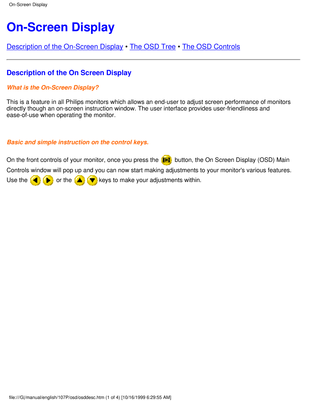 McAfee 107P user manual On-Screen Display, Description of the On Screen Display 