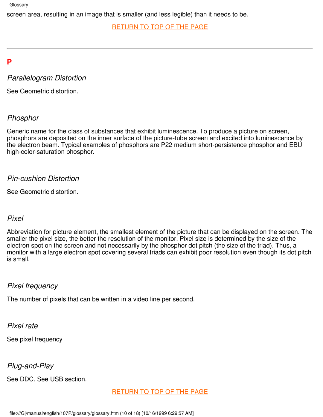 McAfee 107P Parallelogram Distortion, Phosphor, Pin-cushion Distortion, Pixel frequency, Pixel rate, Plug-and-Play 