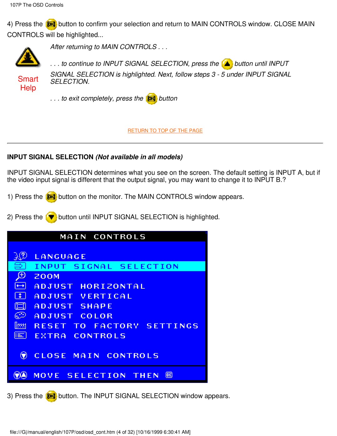 McAfee 107P user manual Input Signal Selection Not available in all models 