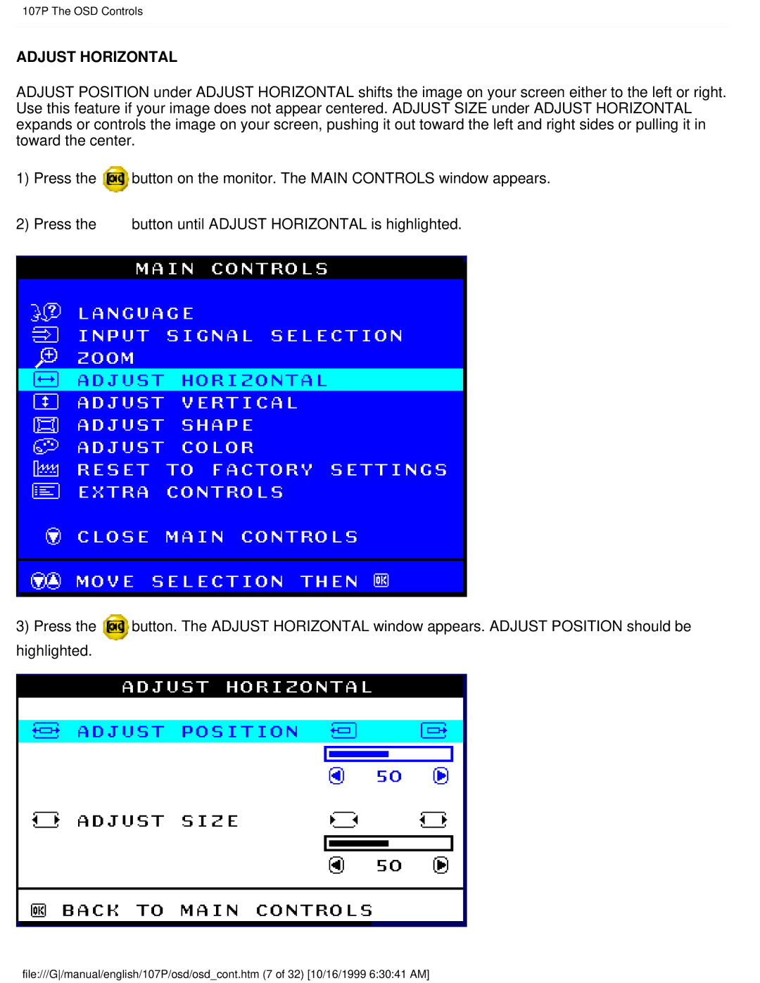 McAfee 107P user manual Adjust Horizontal 