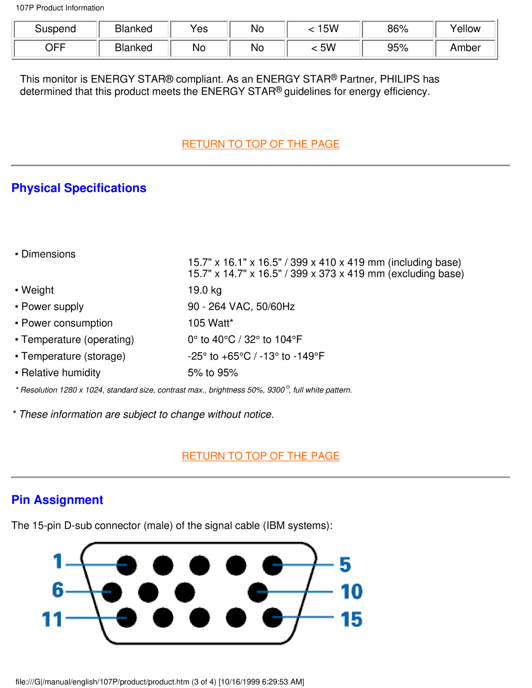 McAfee 107P user manual Physical Specifications, Pin Assignment 