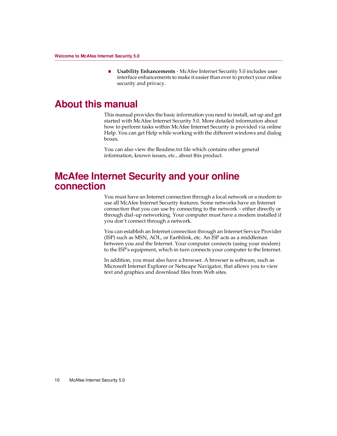 McAfee 5 About this manual, McAfee Internet Security and your online connection 