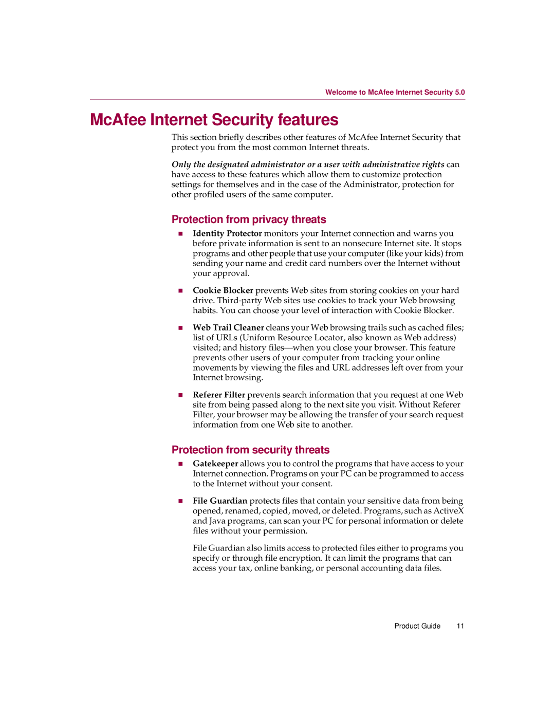 McAfee 5 manual McAfee Internet Security features, Protection from privacy threats, Protection from security threats 