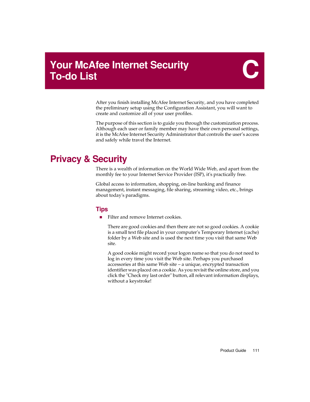 McAfee 5 manual Your McAfee Internet Security To-do List, Privacy & Security, Tips 