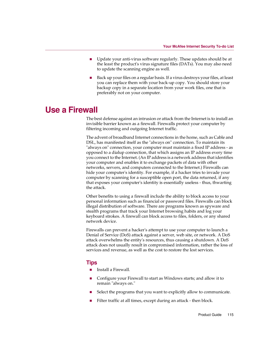 McAfee 5 manual Use a Firewall 