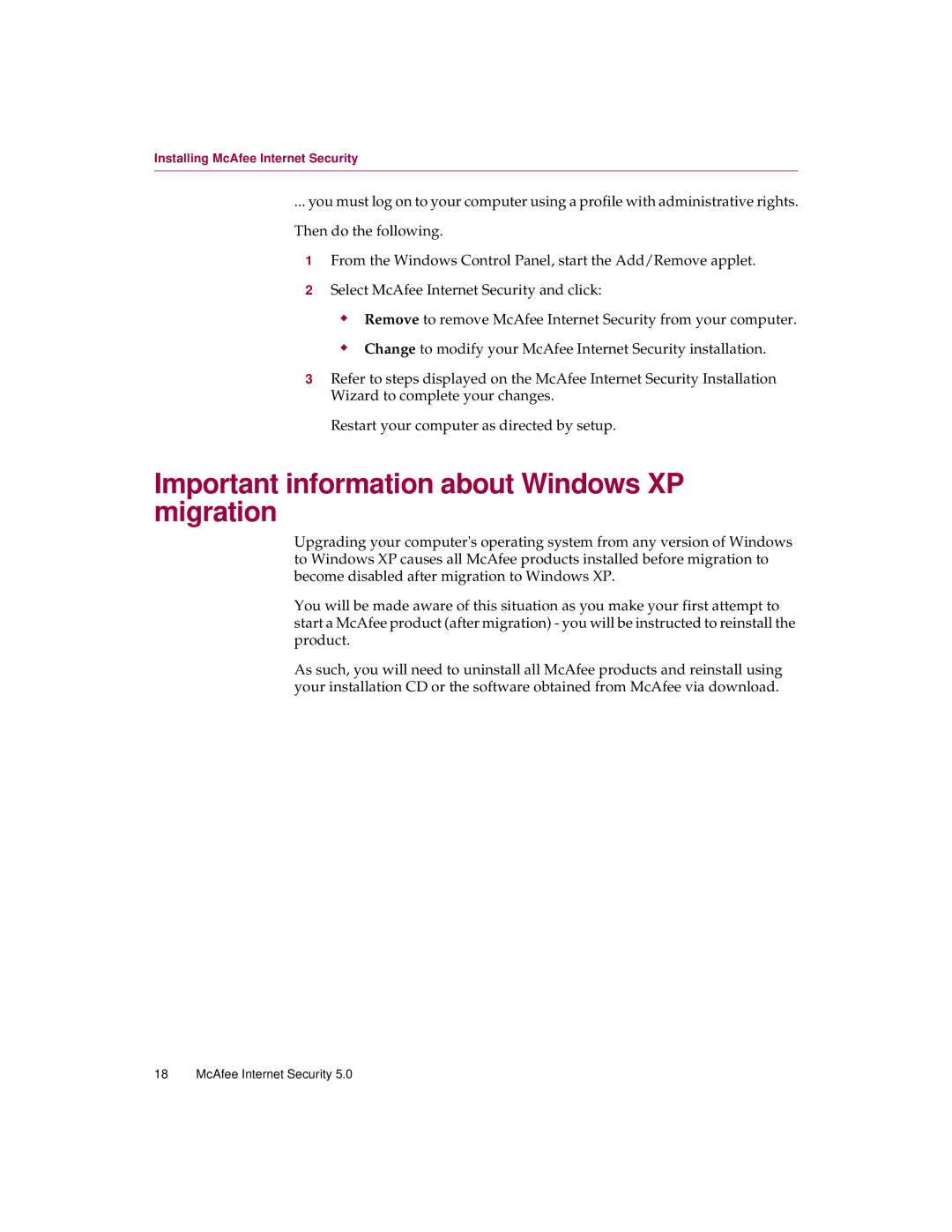 McAfee 5 manual Important information about Windows XP migration 