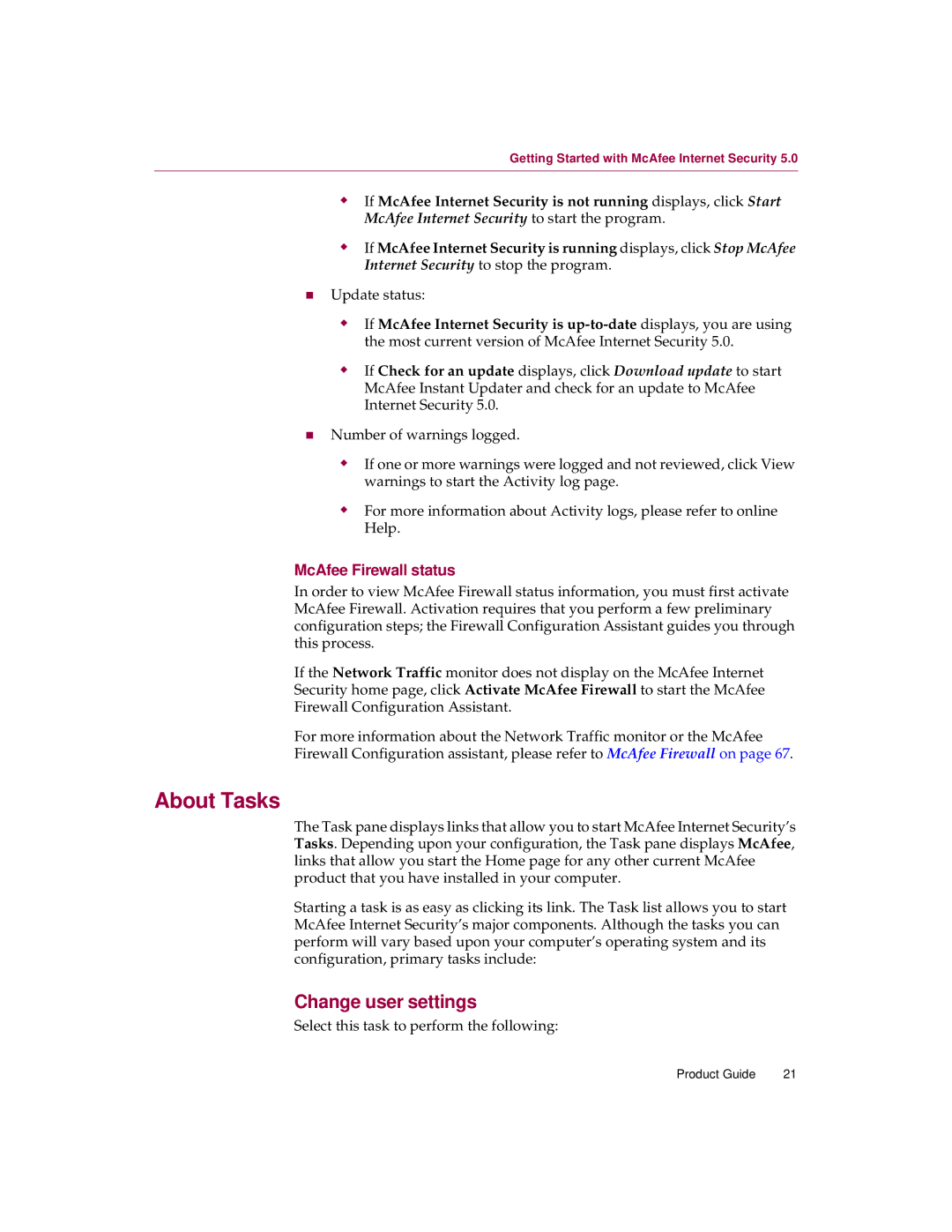 McAfee 5 manual About Tasks, Change user settings, McAfee Firewall status 