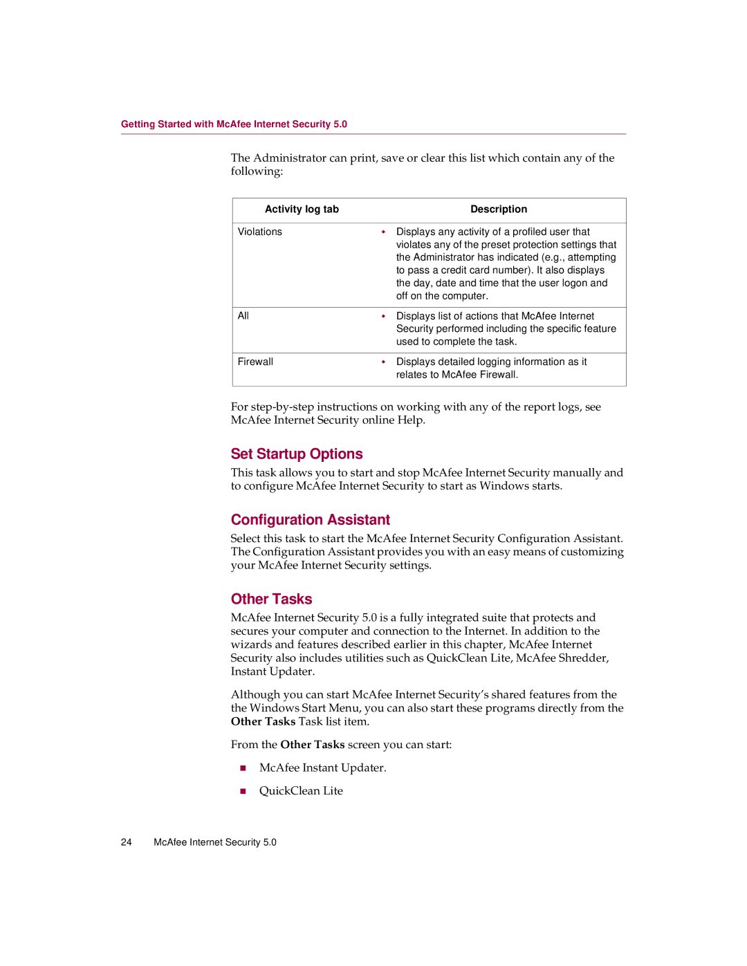 McAfee 5 manual Set Startup Options, Configuration Assistant, Other Tasks, Activity log tab Description 