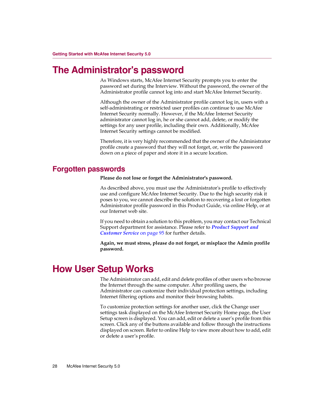 McAfee 5 manual Administrators password, How User Setup Works, Forgotten passwords 