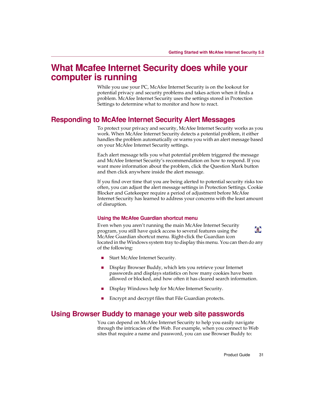 McAfee 5 Responding to McAfee Internet Security Alert Messages, Using Browser Buddy to manage your web site passwords 