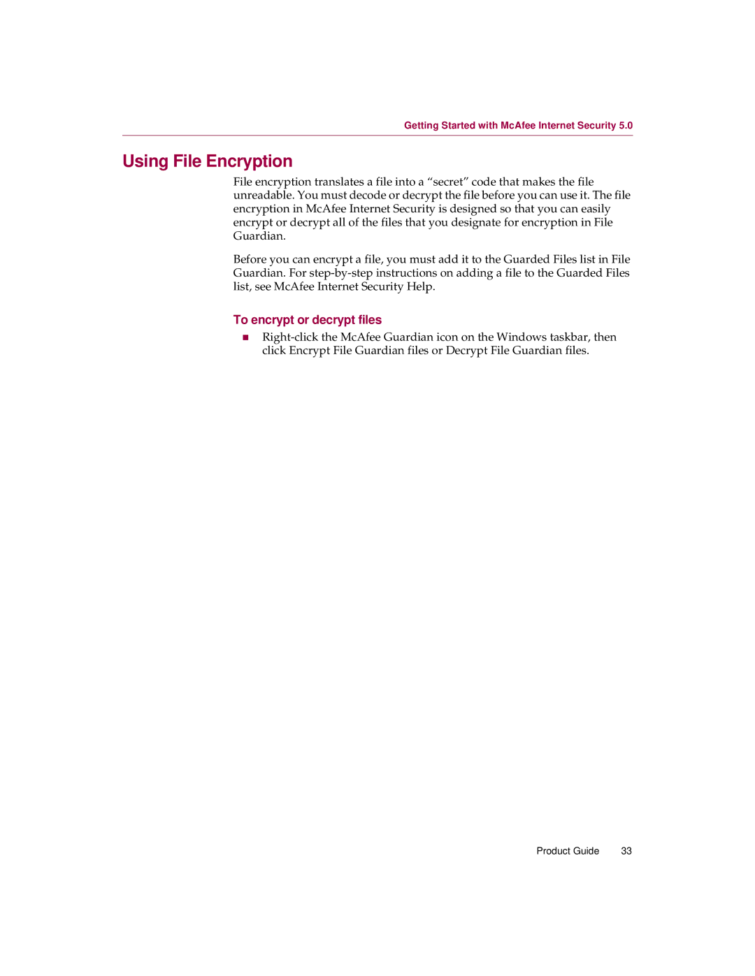 McAfee 5 manual Using File Encryption, To encrypt or decrypt files 