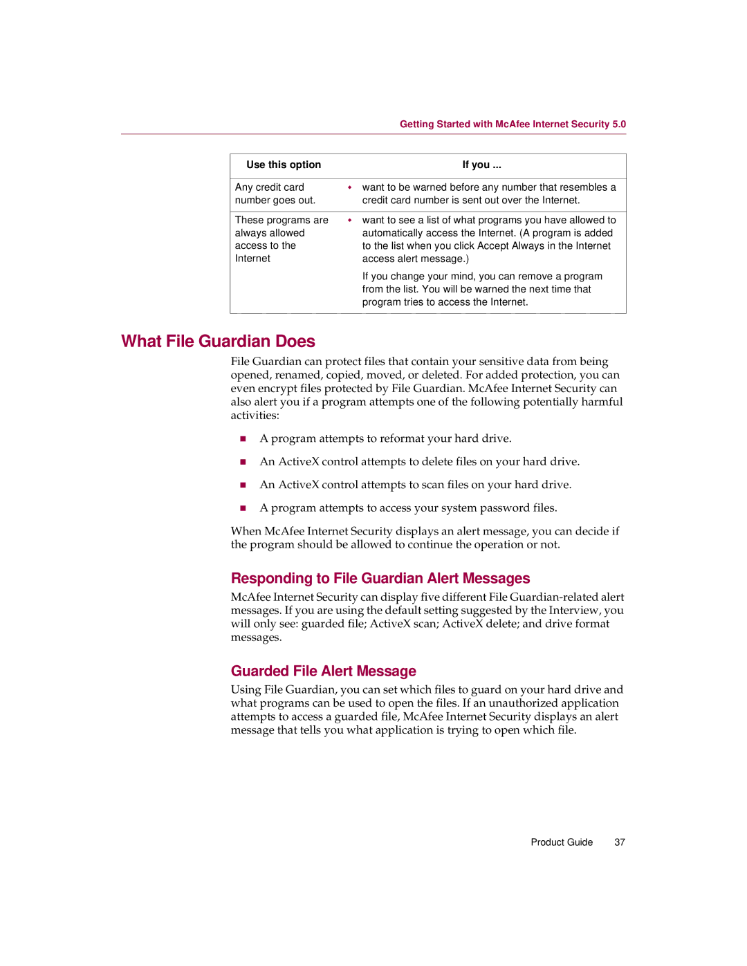 McAfee 5 manual What File Guardian Does, Responding to File Guardian Alert Messages, Guarded File Alert Message 