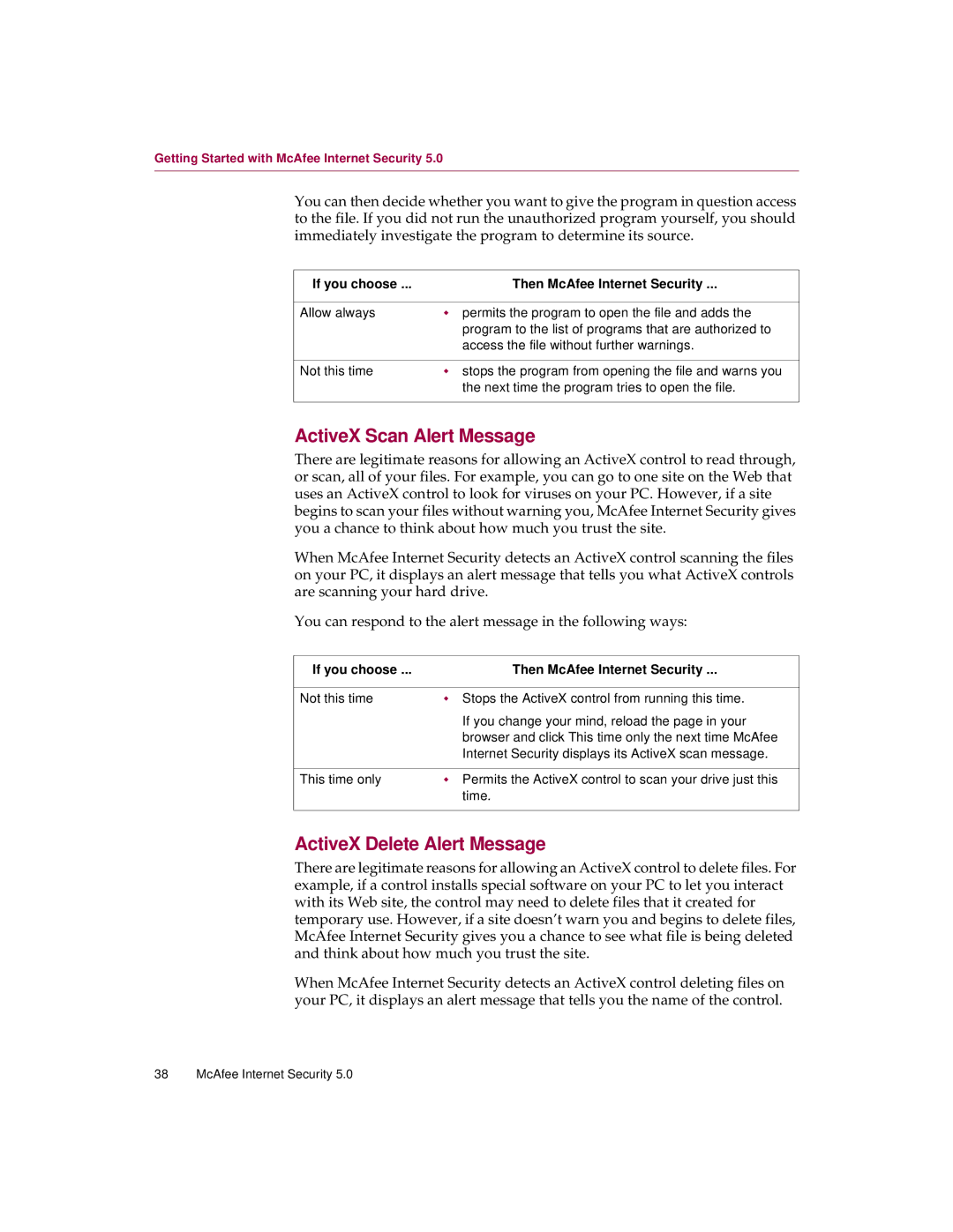 McAfee 5 manual ActiveX Scan Alert Message, ActiveX Delete Alert Message 