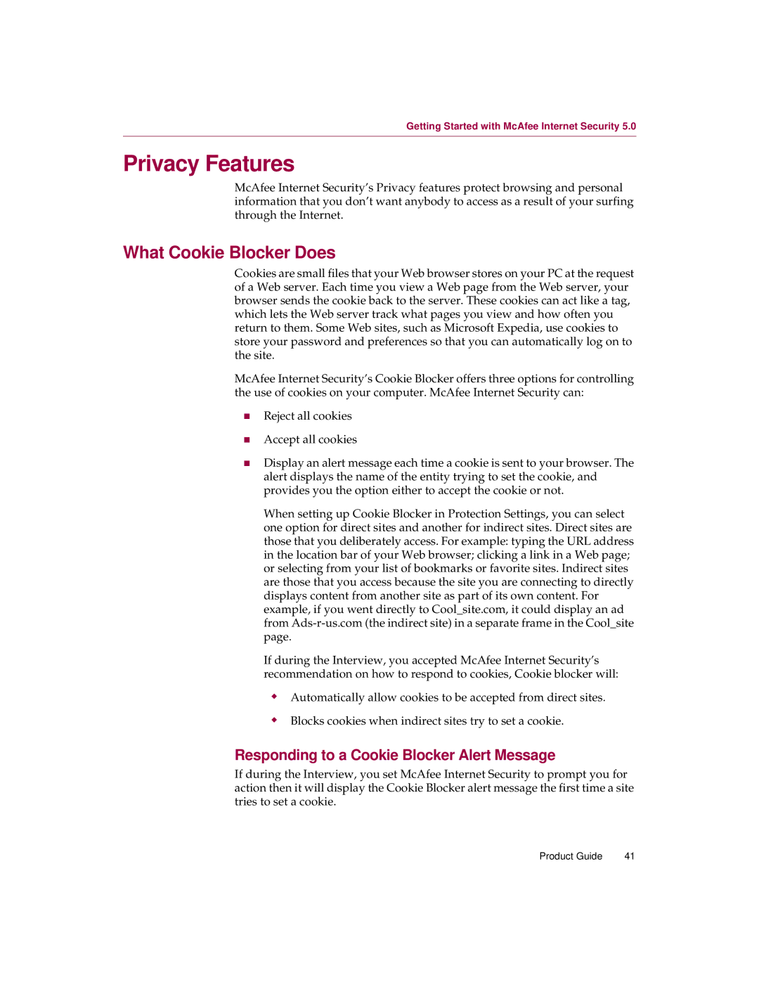 McAfee 5 manual Privacy Features, What Cookie Blocker Does, Responding to a Cookie Blocker Alert Message 