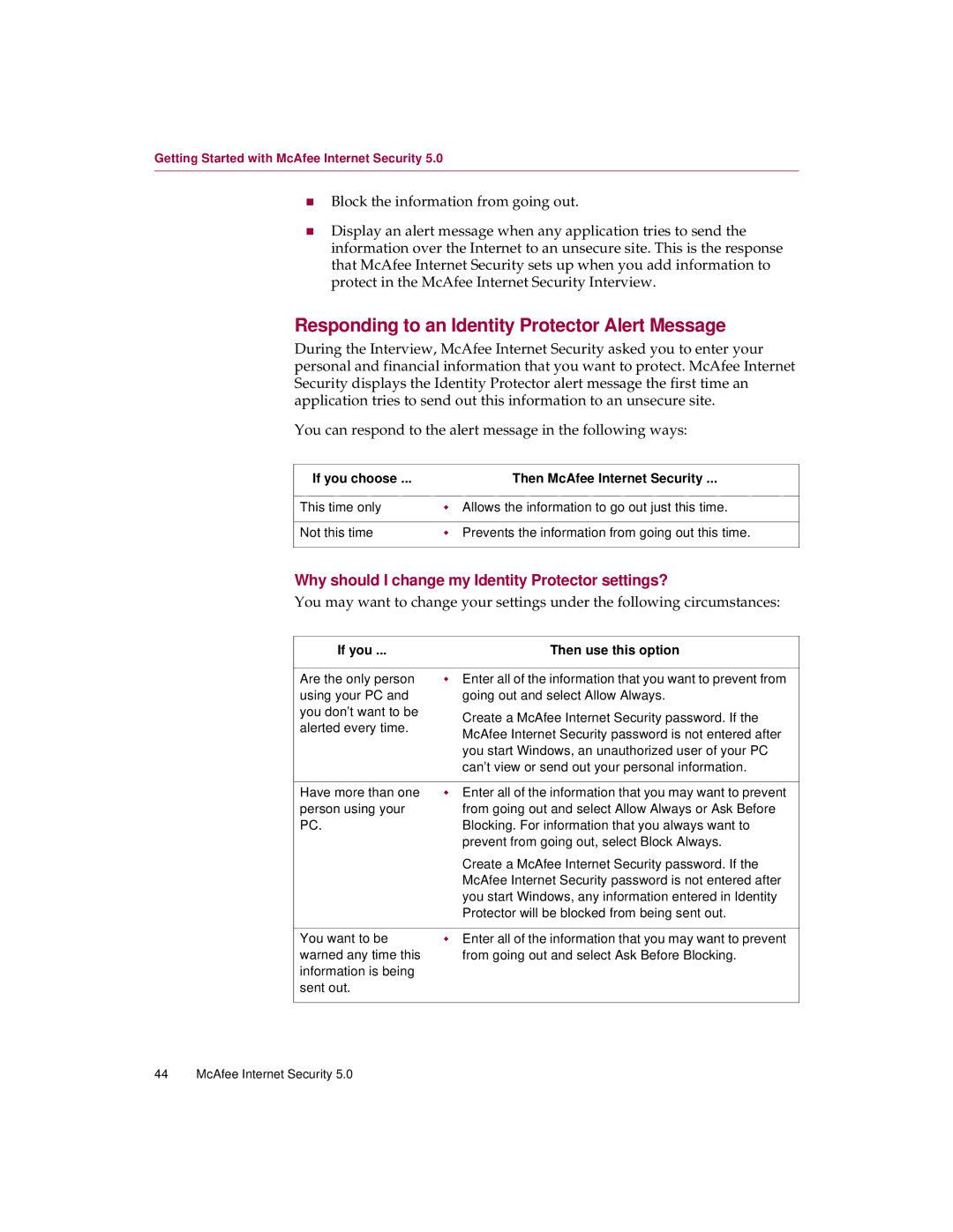 McAfee 5 manual Responding to an Identity Protector Alert Message, Why should I change my Identity Protector settings? 