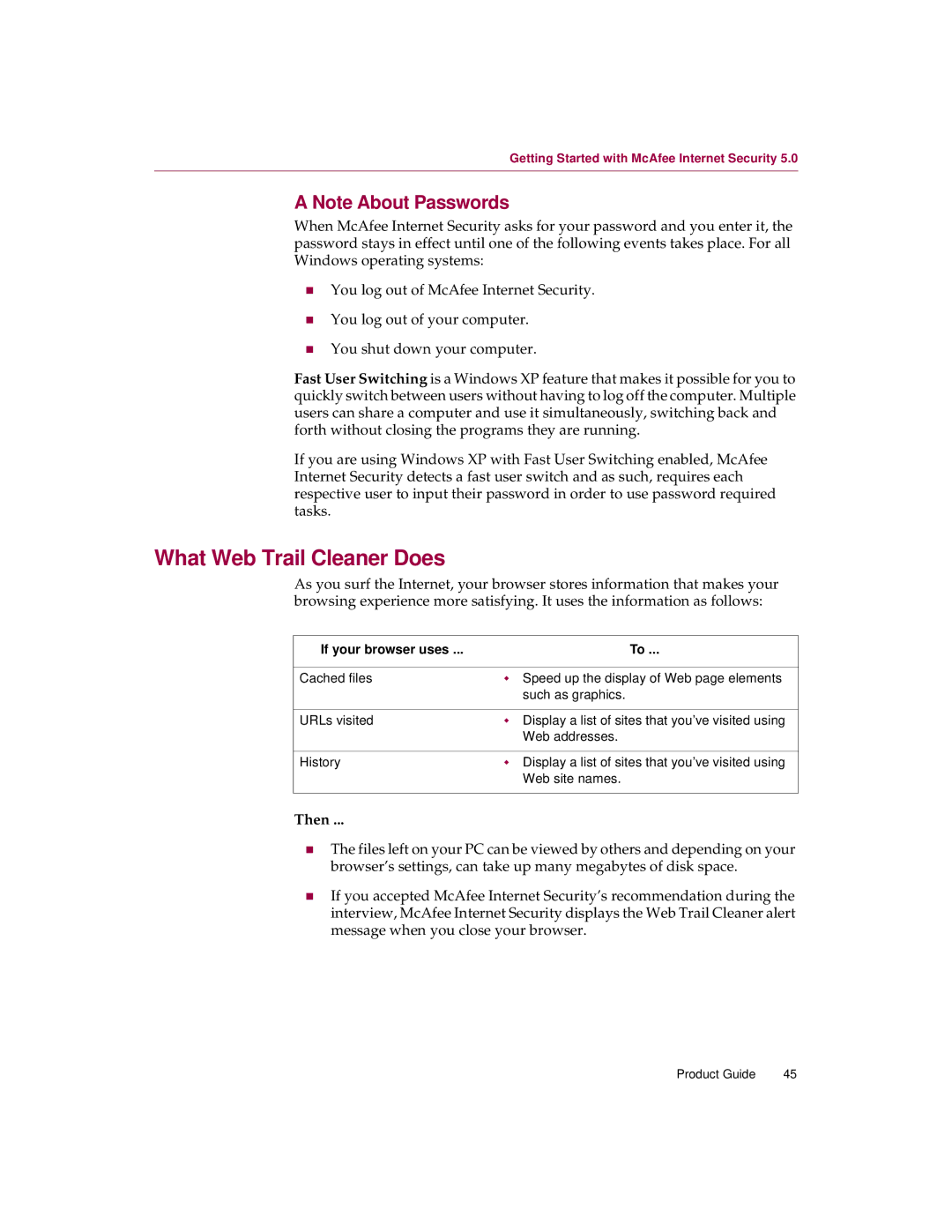 McAfee 5 manual What Web Trail Cleaner Does, Then, If your browser uses 