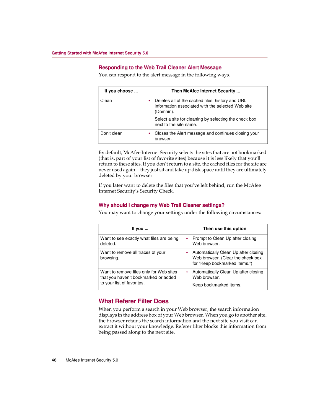 McAfee 5 manual What Referer Filter Does, Responding to the Web Trail Cleaner Alert Message 