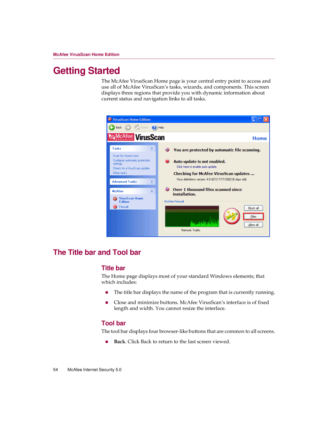 McAfee 5 manual Getting Started, Title bar and Tool bar 