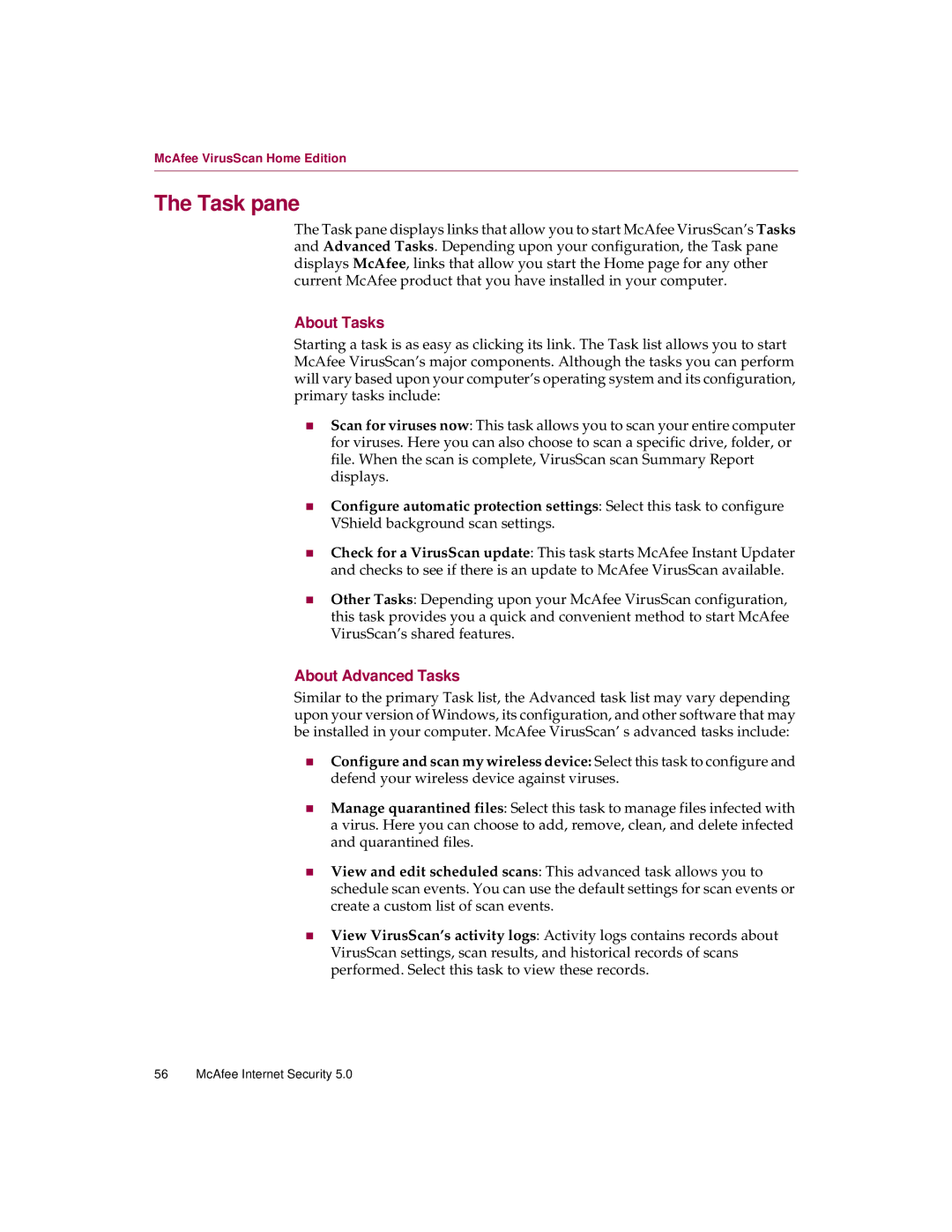 McAfee 5 manual Task pane, About Tasks, About Advanced Tasks 