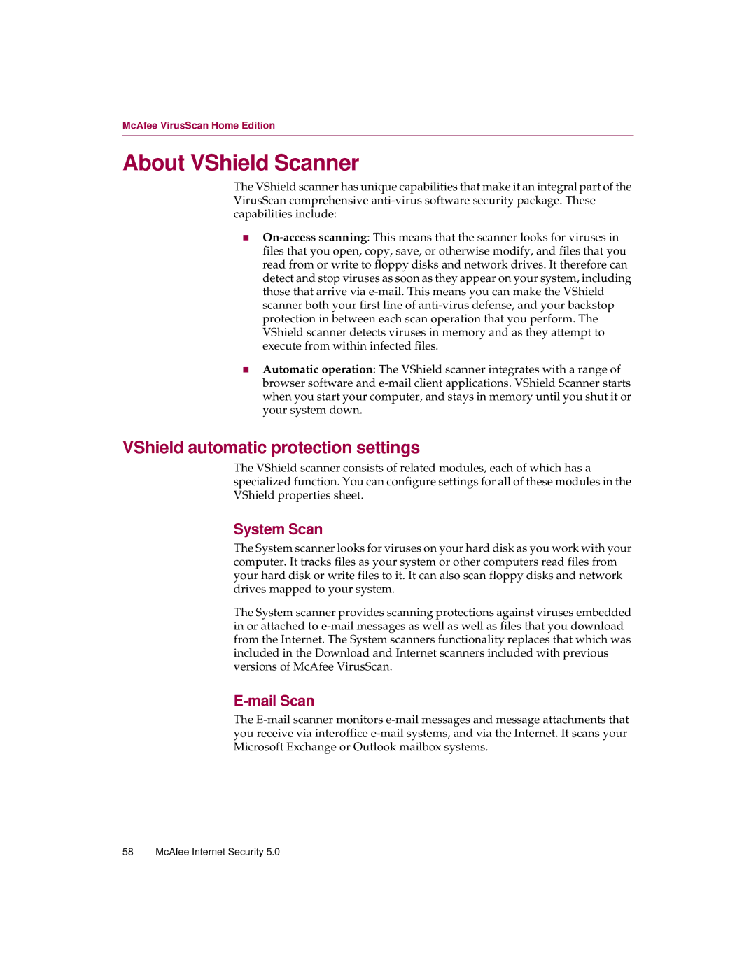 McAfee 5 manual About VShield Scanner, VShield automatic protection settings, System Scan, Mail Scan 
