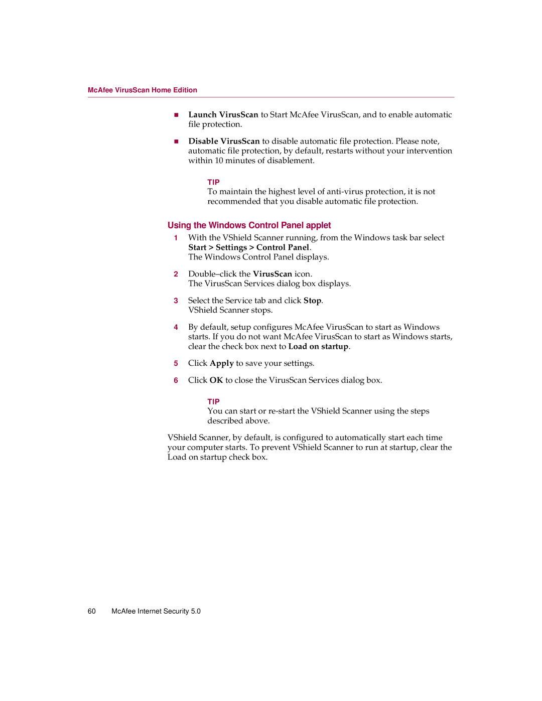 McAfee 5 manual Using the Windows Control Panel applet 
