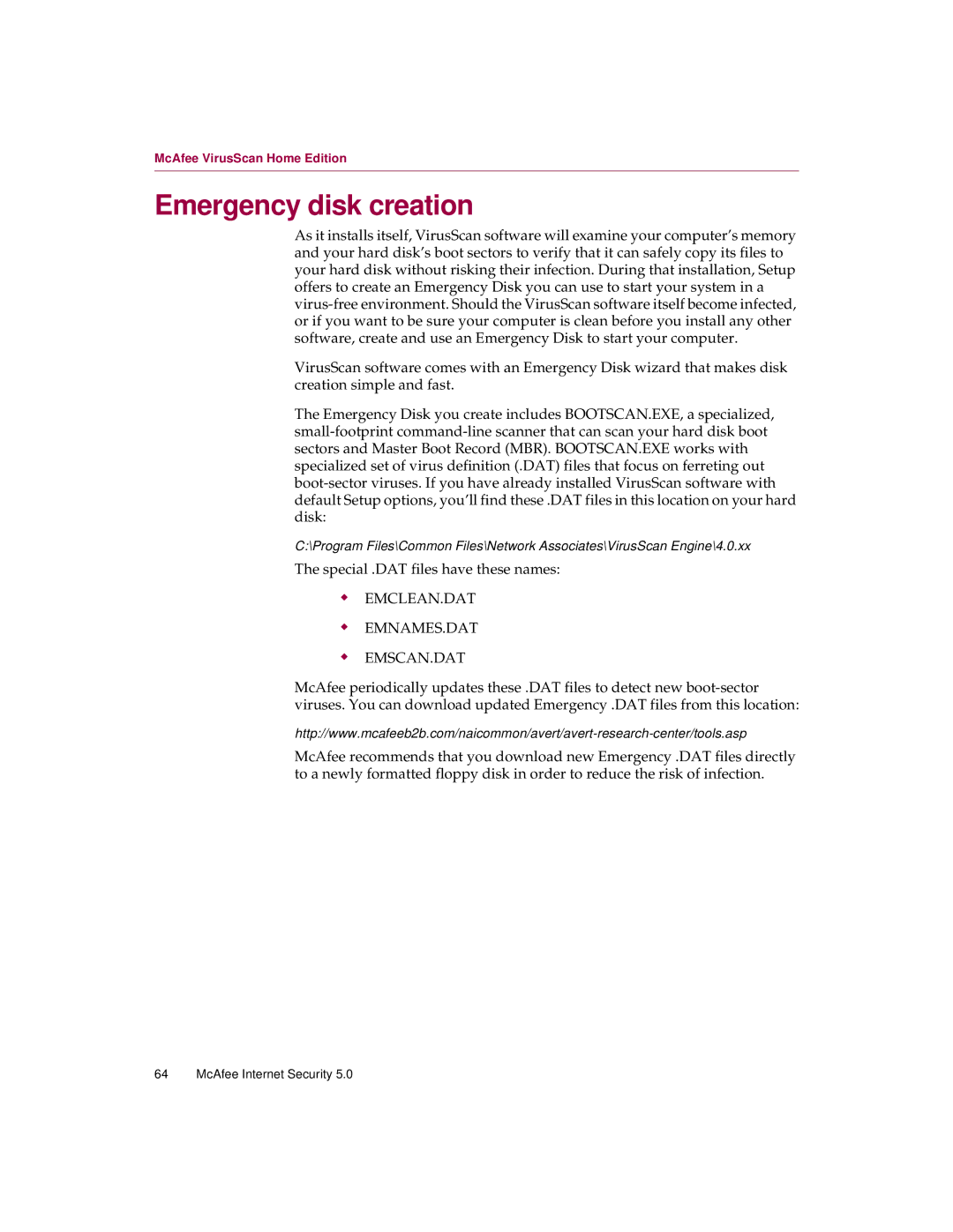 McAfee 5 manual Emergency disk creation, Emclean.Dat Emnames.Dat Emscan.Dat 