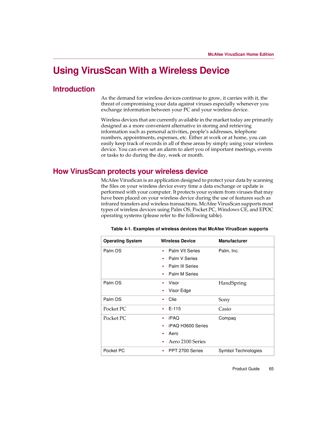 McAfee 5 manual Using VirusScan With a Wireless Device, Introduction, How VirusScan protects your wireless device 