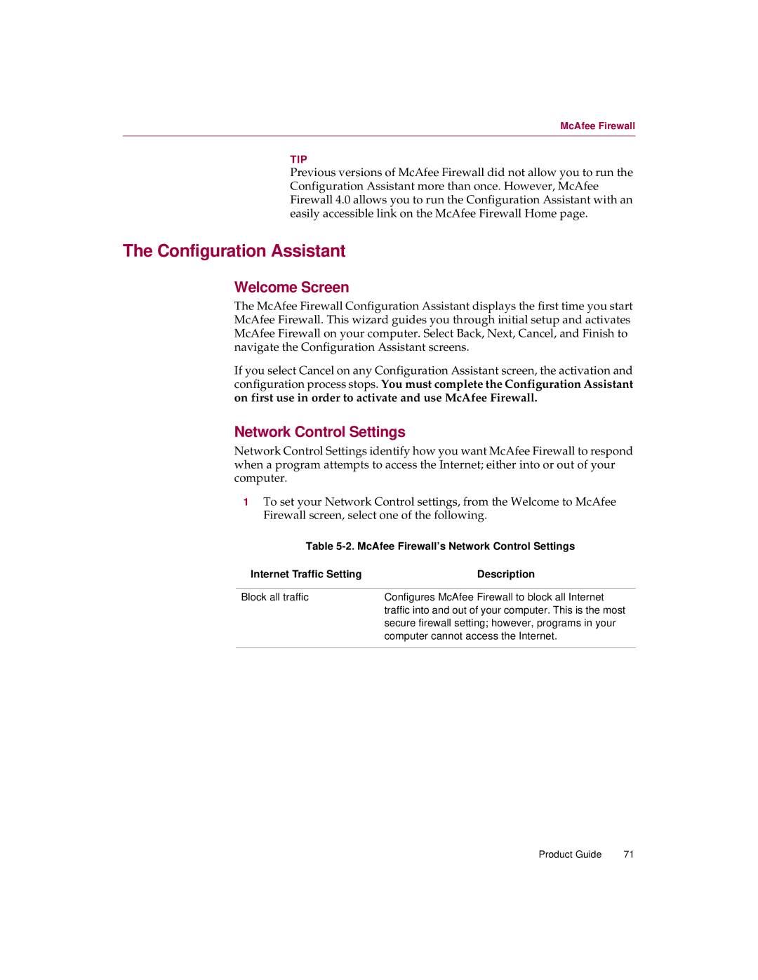 McAfee 5 manual Configuration Assistant, Welcome Screen, Network Control Settings 