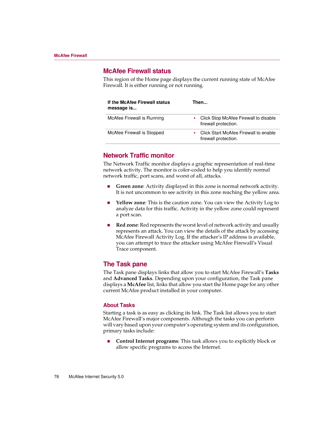 McAfee 5 manual Network Traffic monitor, Task pane, If the McAfee Firewall status Then Message is 