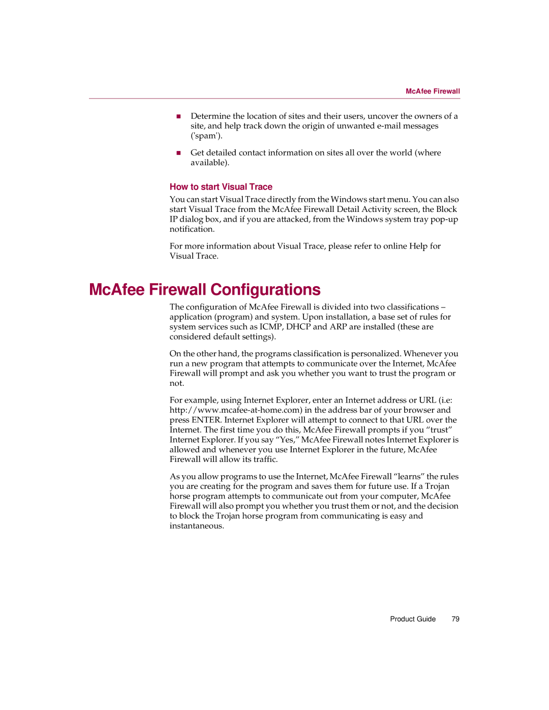 McAfee 5 manual McAfee Firewall Configurations, How to start Visual Trace 