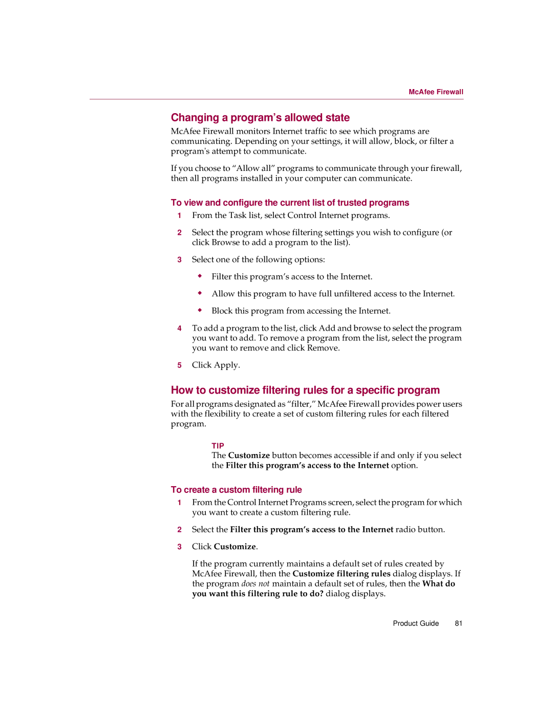 McAfee 5 manual Changing a program’s allowed state, How to customize filtering rules for a specific program 