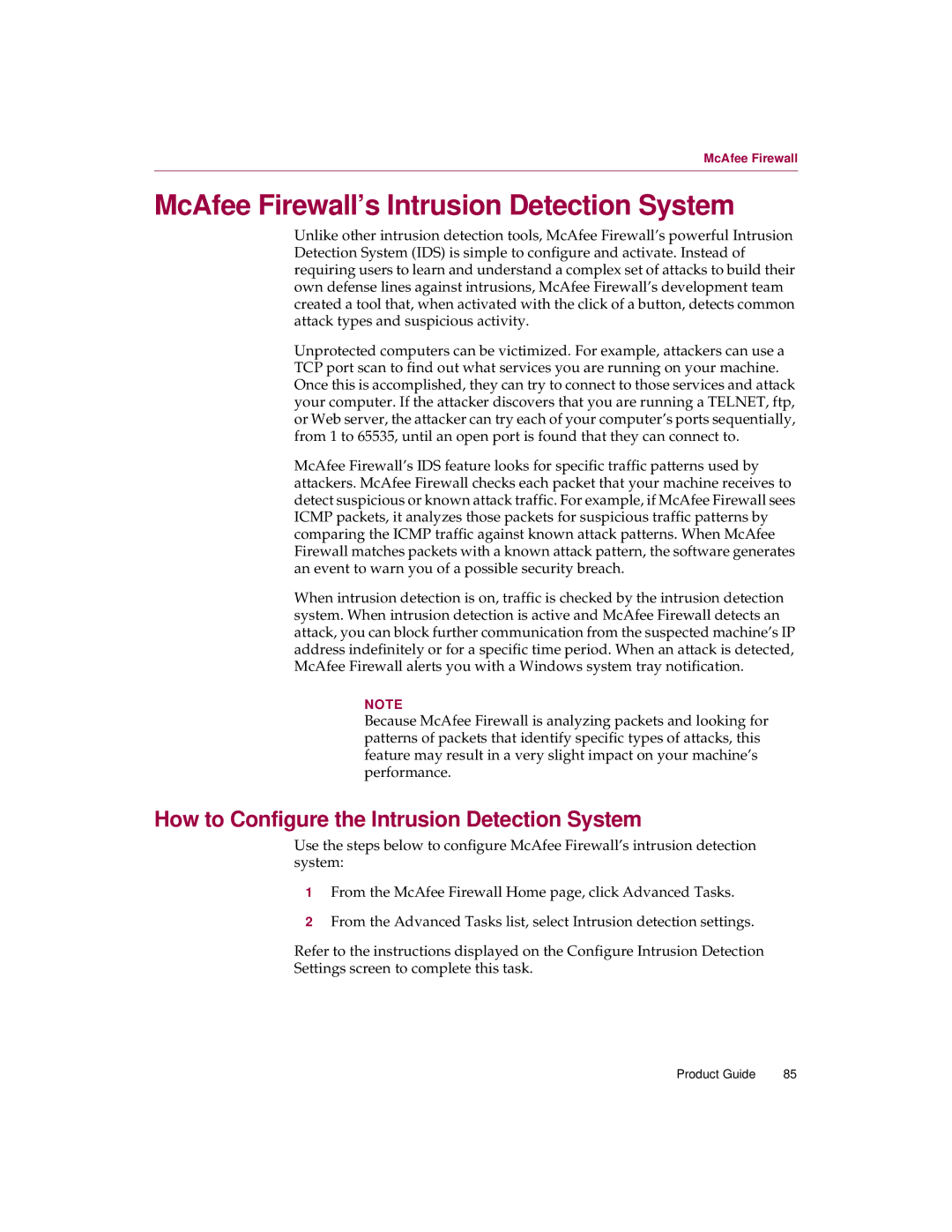 McAfee 5 manual McAfee Firewall’s Intrusion Detection System, How to Configure the Intrusion Detection System 