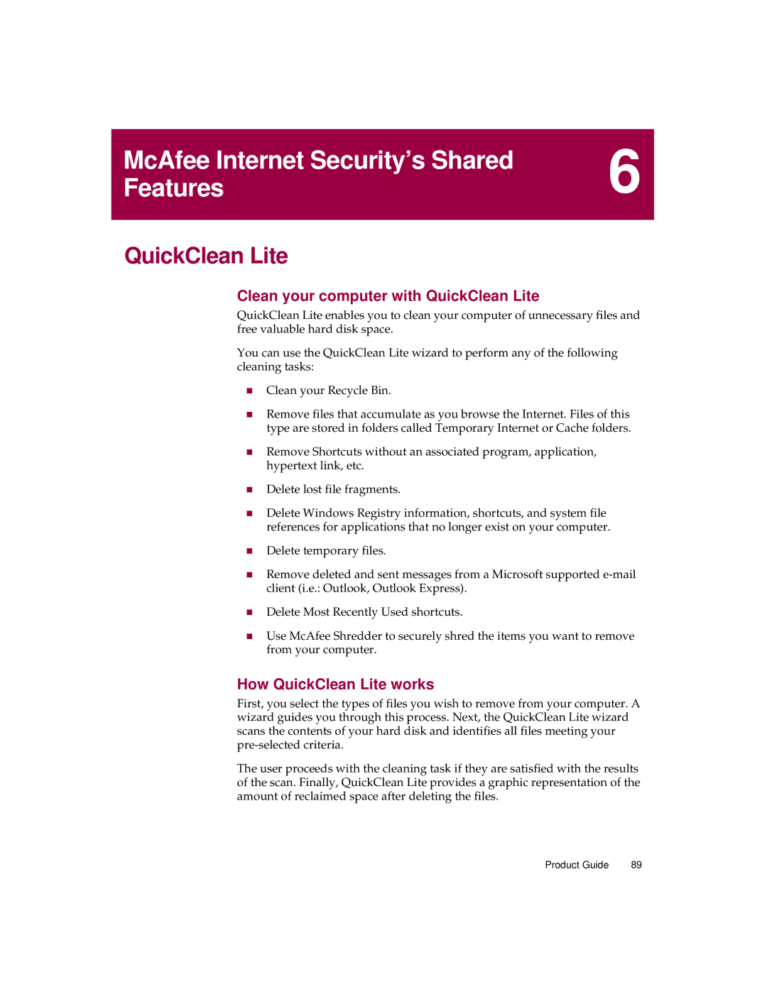 McAfee 5 manual McAfee Internet Security’s Shared Features, Clean your computer with QuickClean Lite 