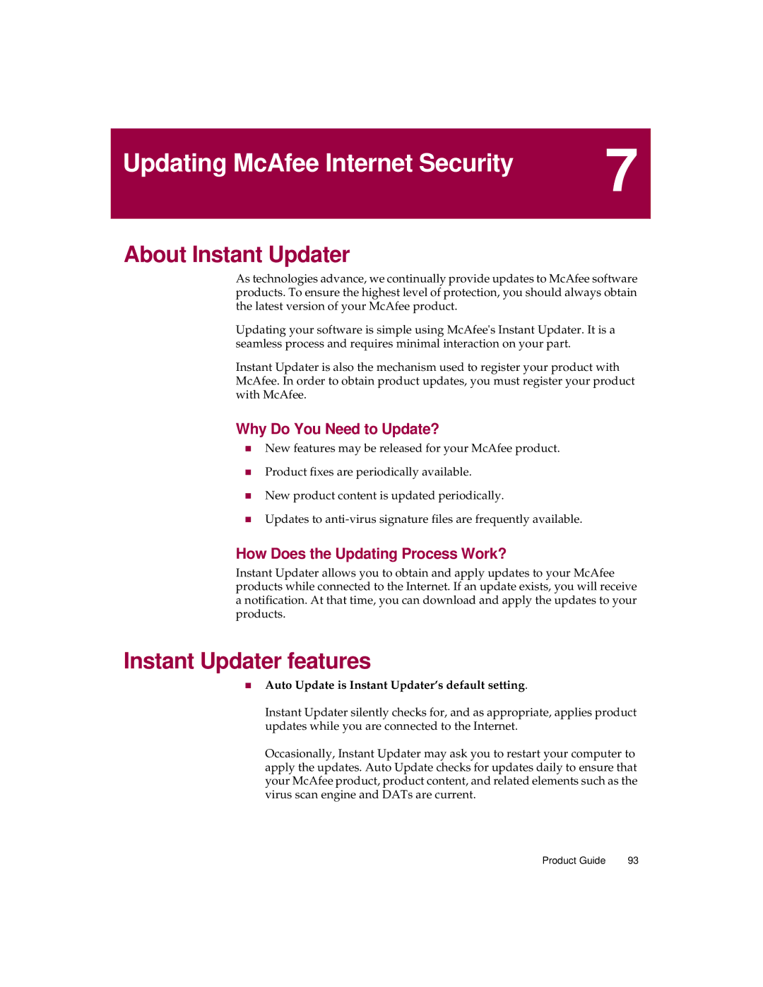 McAfee 5 Updating McAfee Internet Security, About Instant Updater, Instant Updater features, Why Do You Need to Update? 