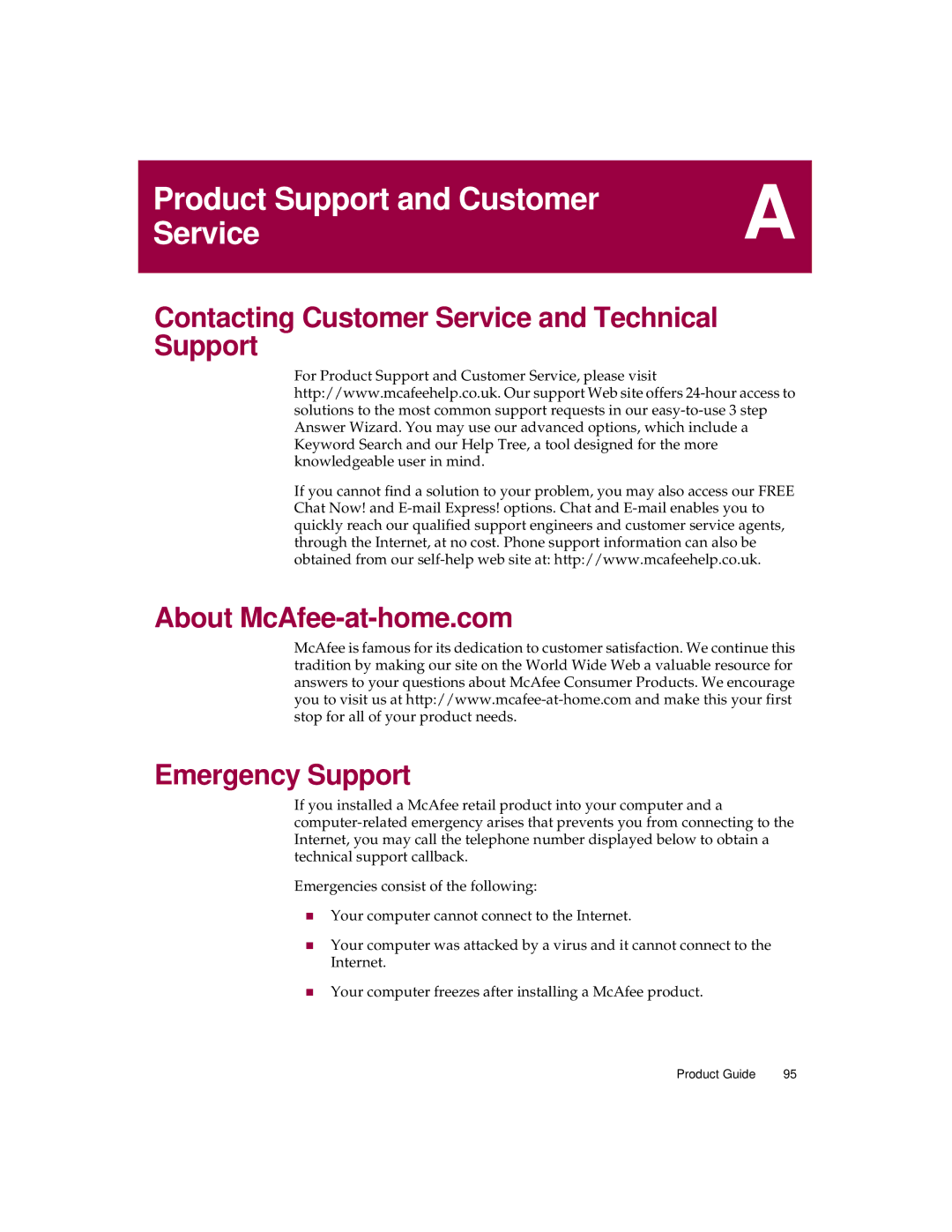 McAfee 5 manual Product Support and Customer Service 