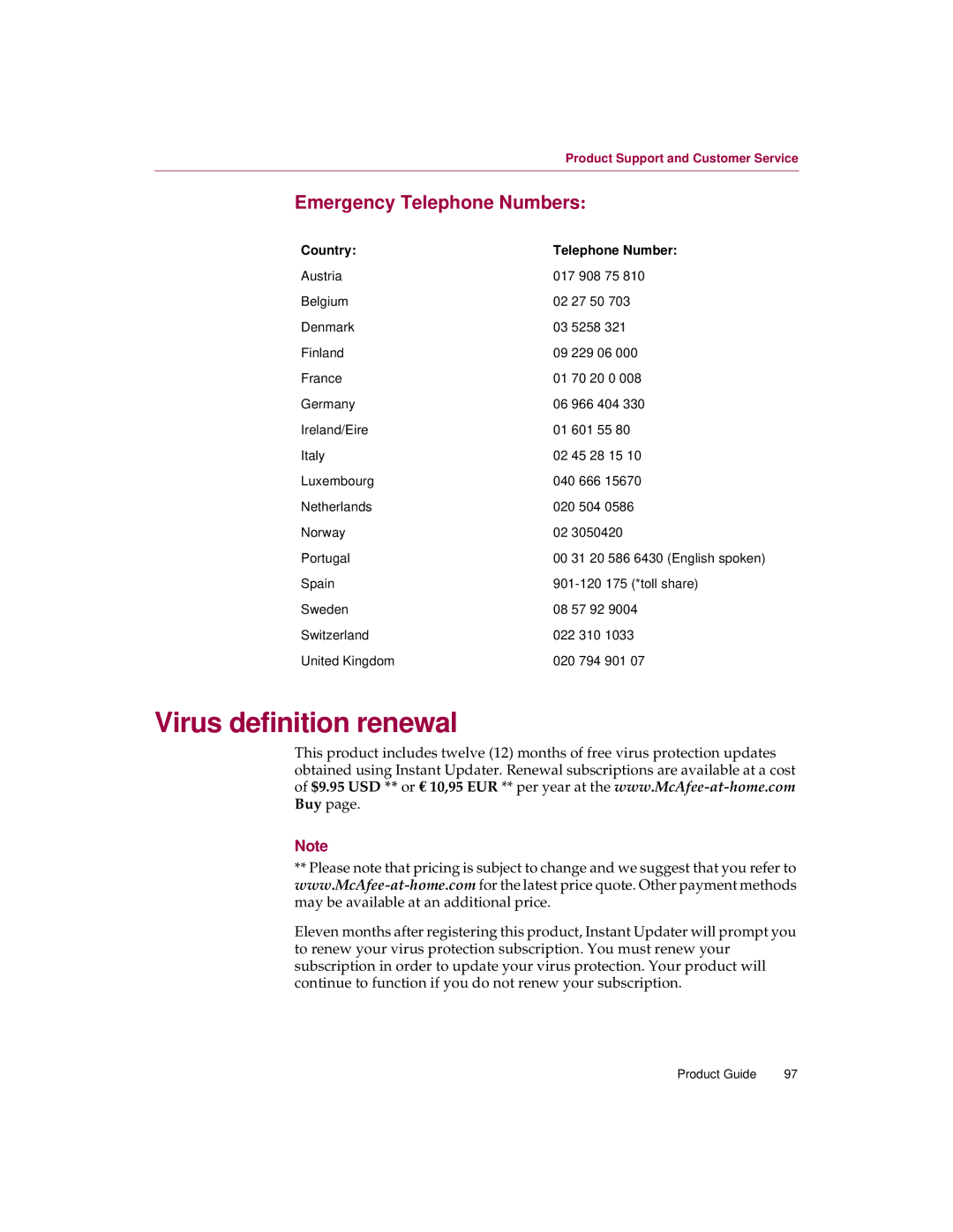 McAfee 5 manual Virus definition renewal, Emergency Telephone Numbers, Country Telephone Number 