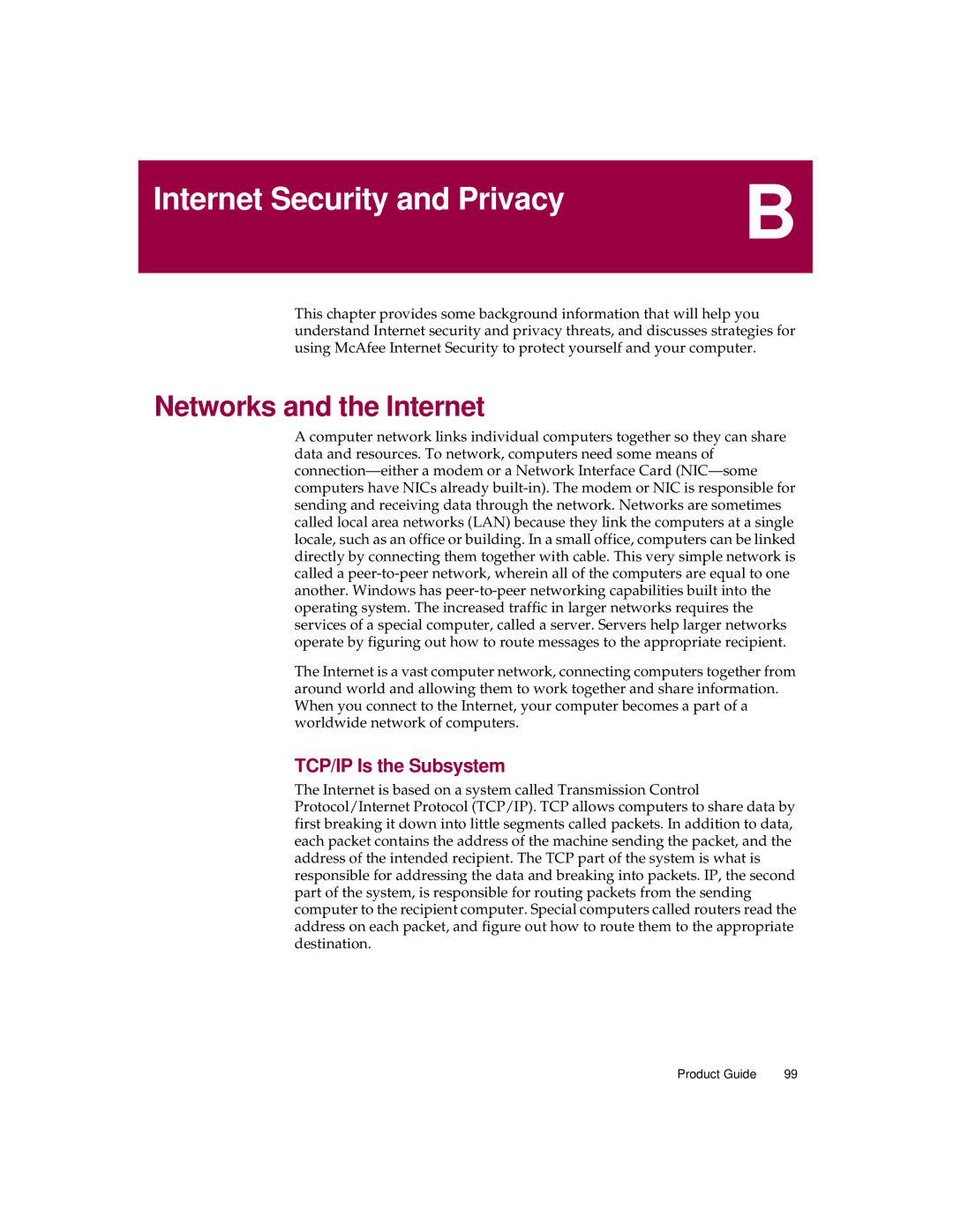 McAfee 5 manual Internet Security and Privacy, Networks and the Internet, TCP/IP Is the Subsystem 