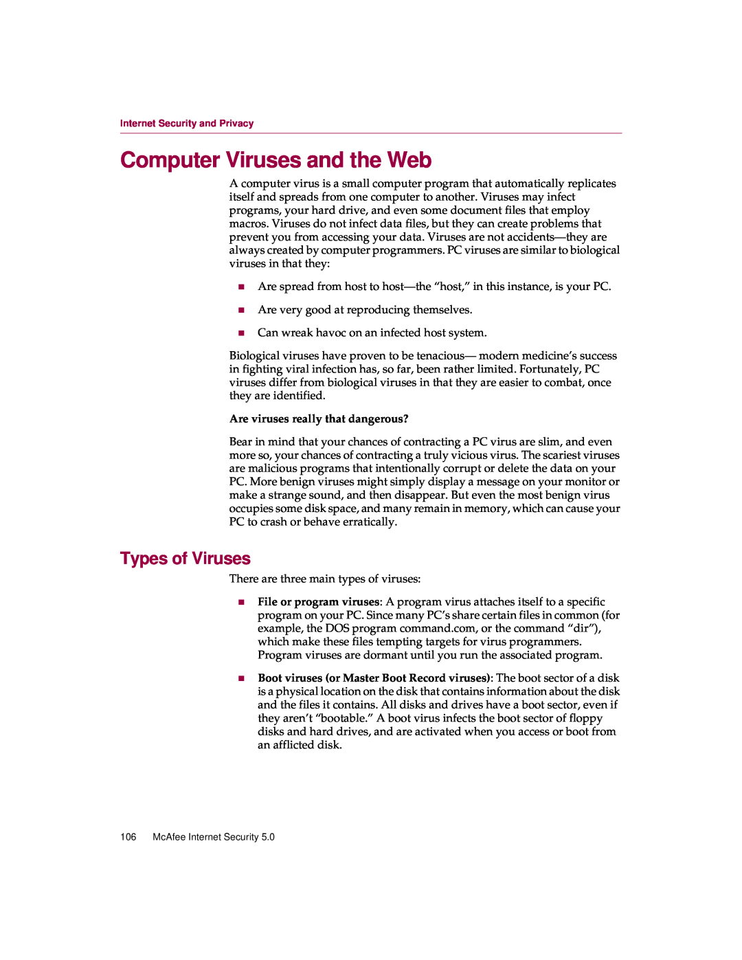 McAfee 5 manual Computer Viruses and the Web, Types of Viruses, Are viruses really that dangerous? 