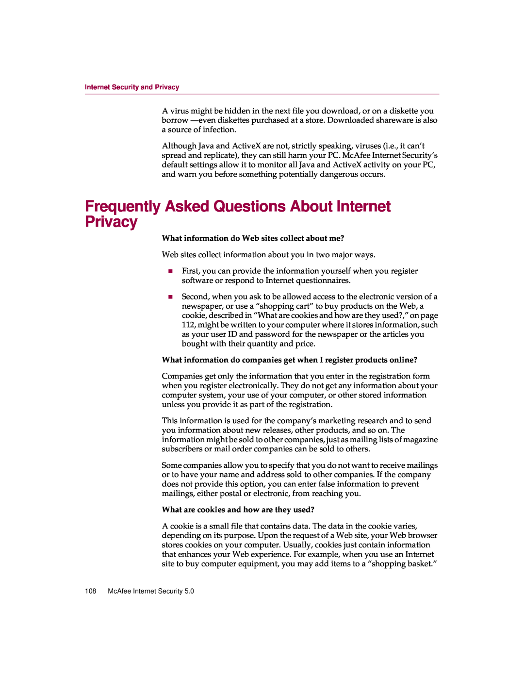 McAfee 5 manual Frequently Asked Questions About Internet Privacy, What information do Web sites collect about me? 