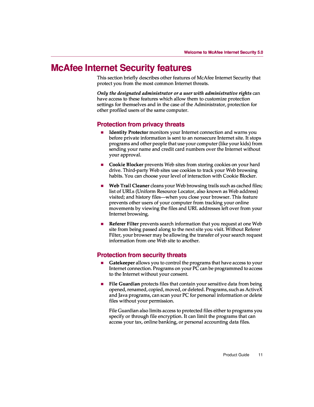 McAfee 5 manual McAfee Internet Security features, Protection from privacy threats, Protection from security threats 