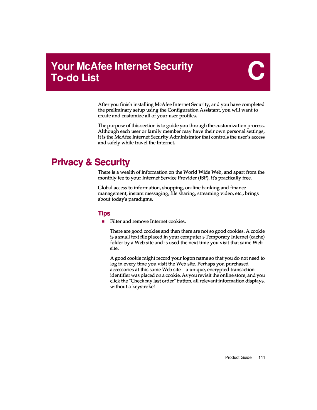 McAfee 5 manual Your McAfee Internet Security To-doList, Privacy & Security, Tips 