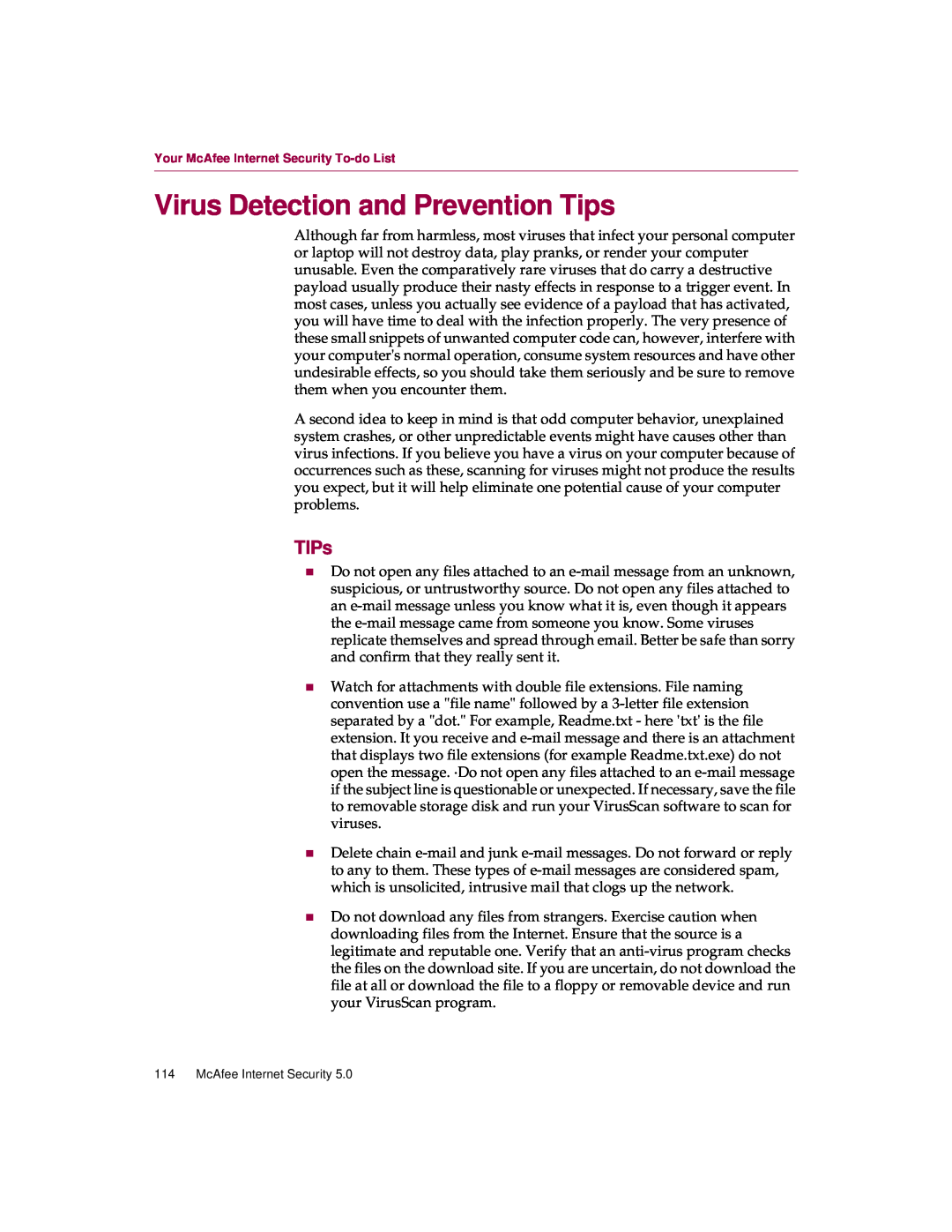 McAfee 5 manual Virus Detection and Prevention Tips, TIPs 