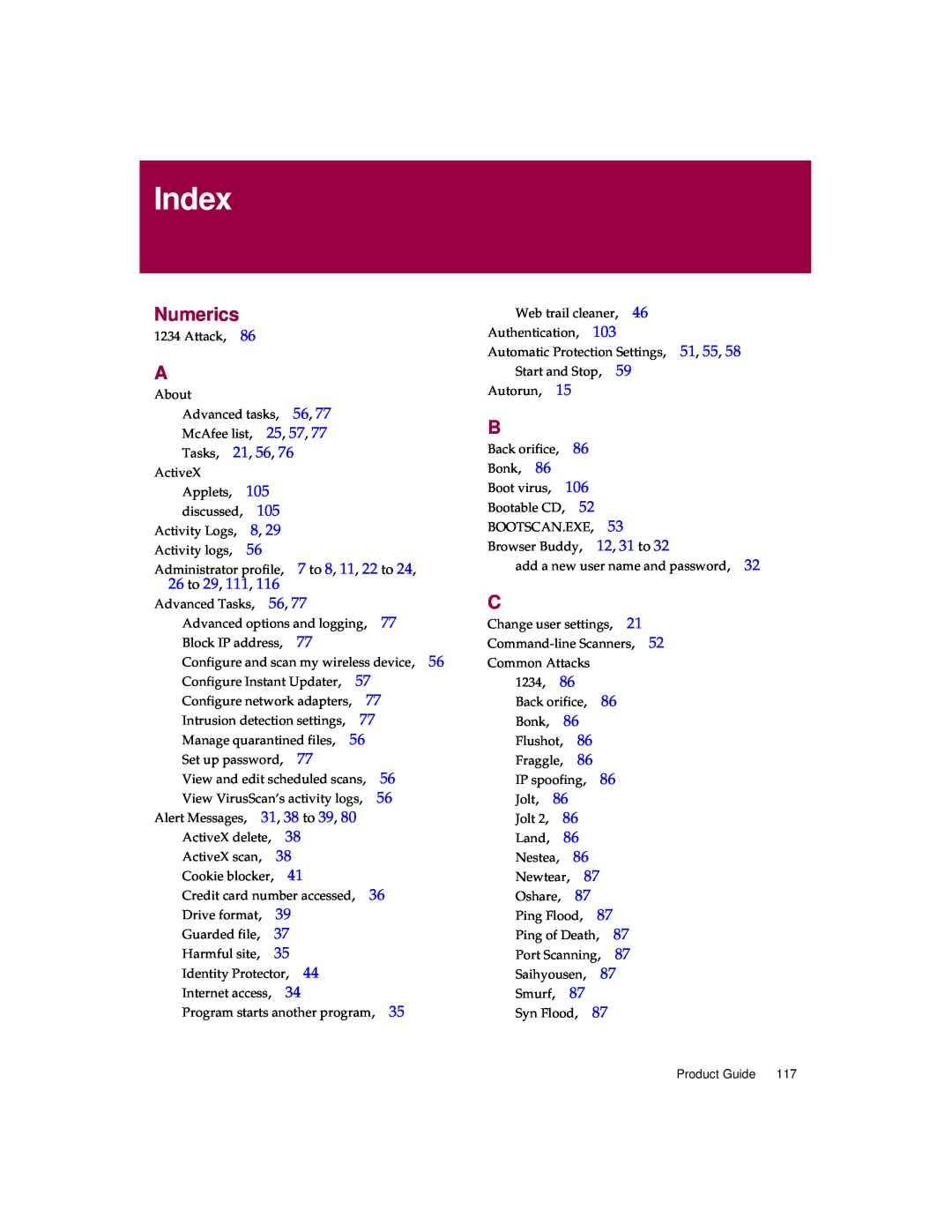 McAfee 5 manual Index, Numerics 
