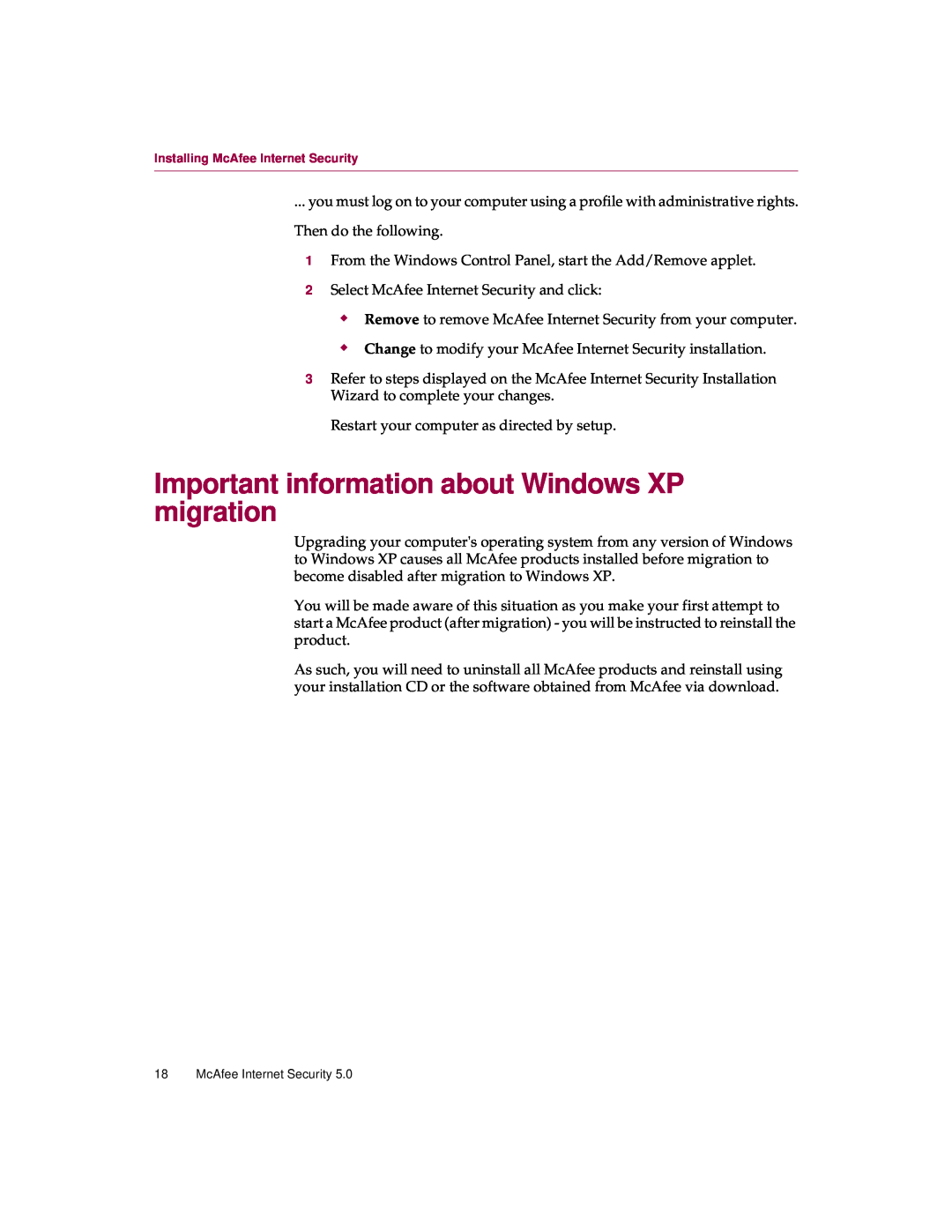 McAfee 5 manual Important information about Windows XP migration 