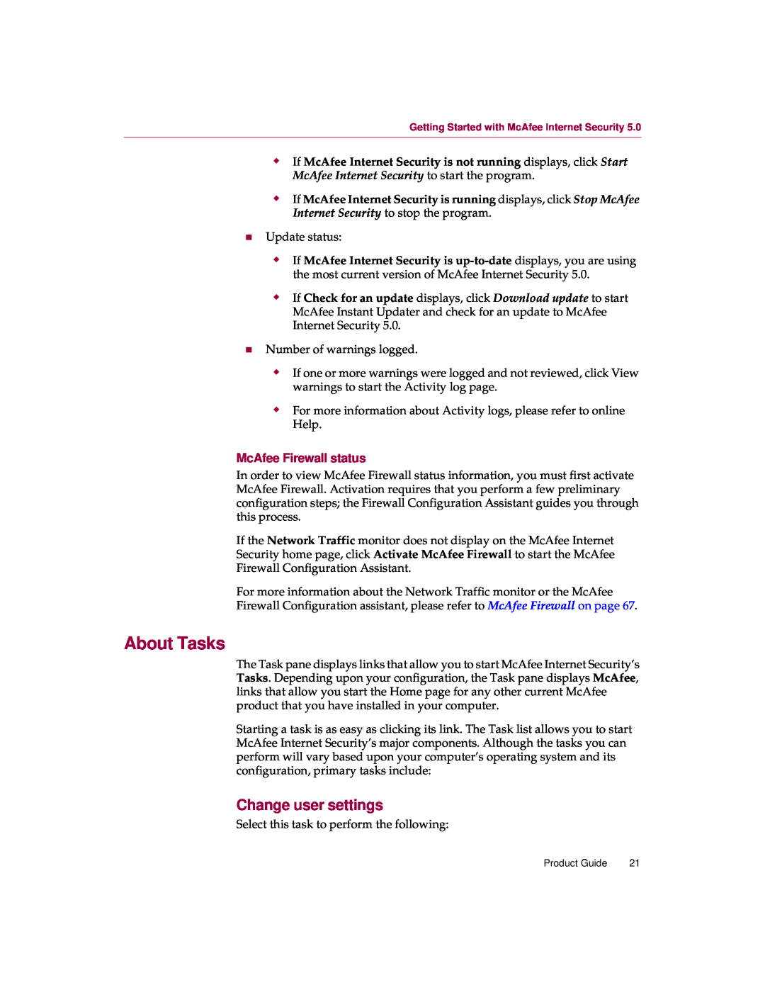 McAfee 5 manual About Tasks, Change user settings, McAfee Firewall status 