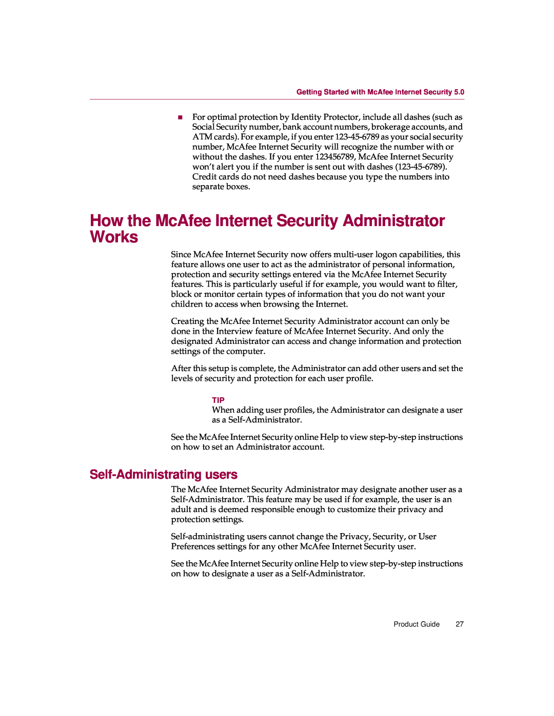 McAfee 5 manual Self-Administratingusers, Getting Started with McAfee Internet Security 