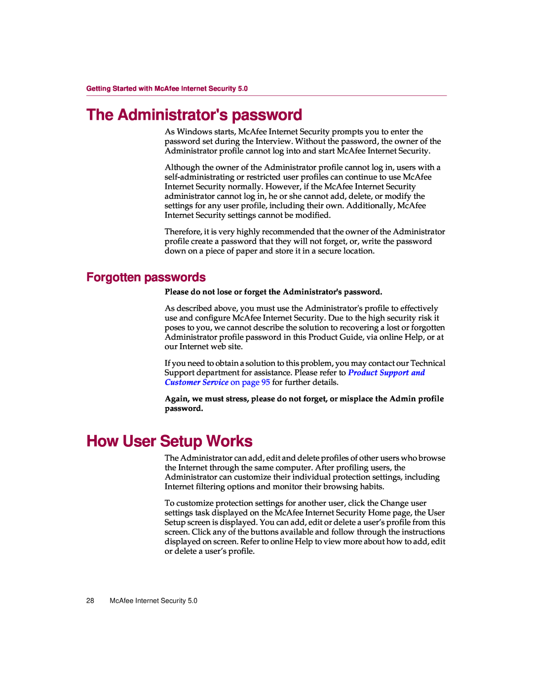 McAfee 5 manual The Administrators password, How User Setup Works, Forgotten passwords 