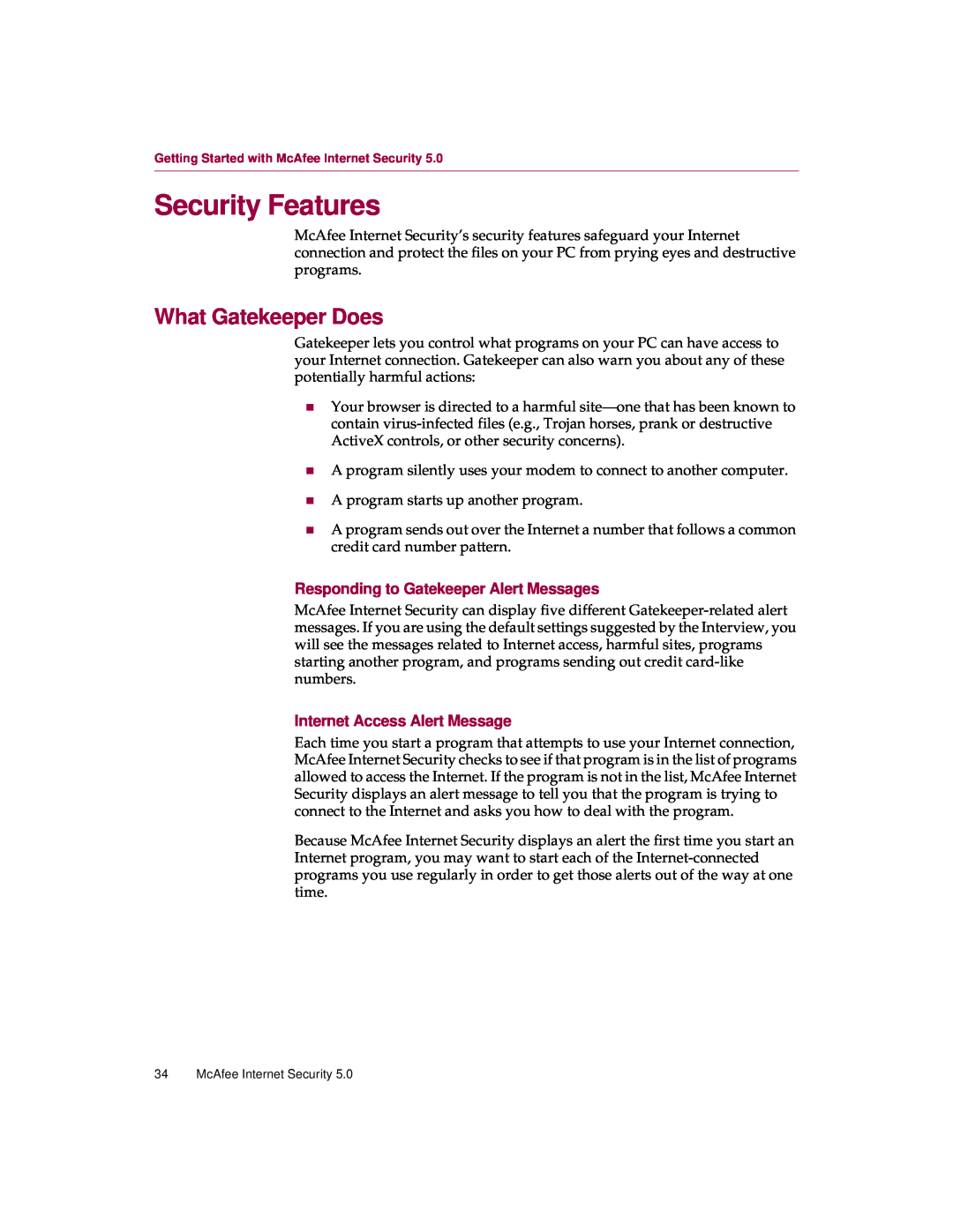 McAfee 5 Security Features, What Gatekeeper Does, Responding to Gatekeeper Alert Messages, Internet Access Alert Message 